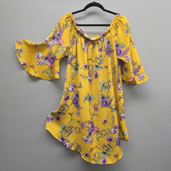 love J Dress Womens 2X Mustard Floral Off Shoulder Bell Sleeve Boho Plus Size - Picture 1 of 11
